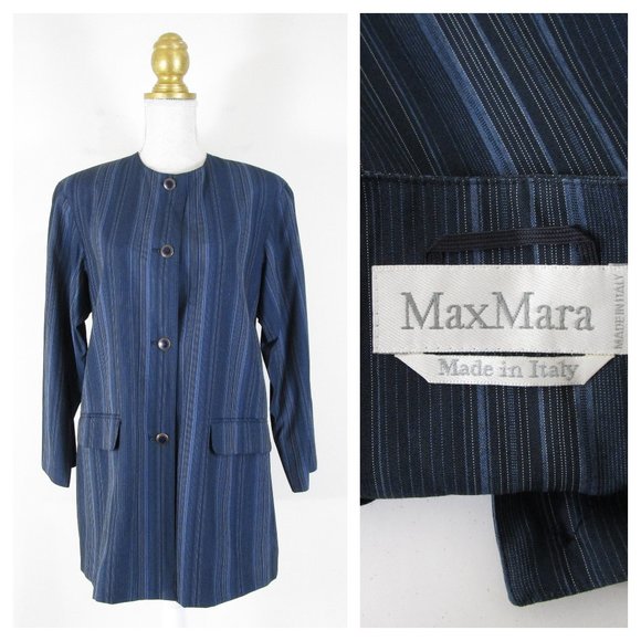 MaxMara Jackets & Blazers - Max Mara Navy Blue Black Striped Wool Blazer Jacket 4
